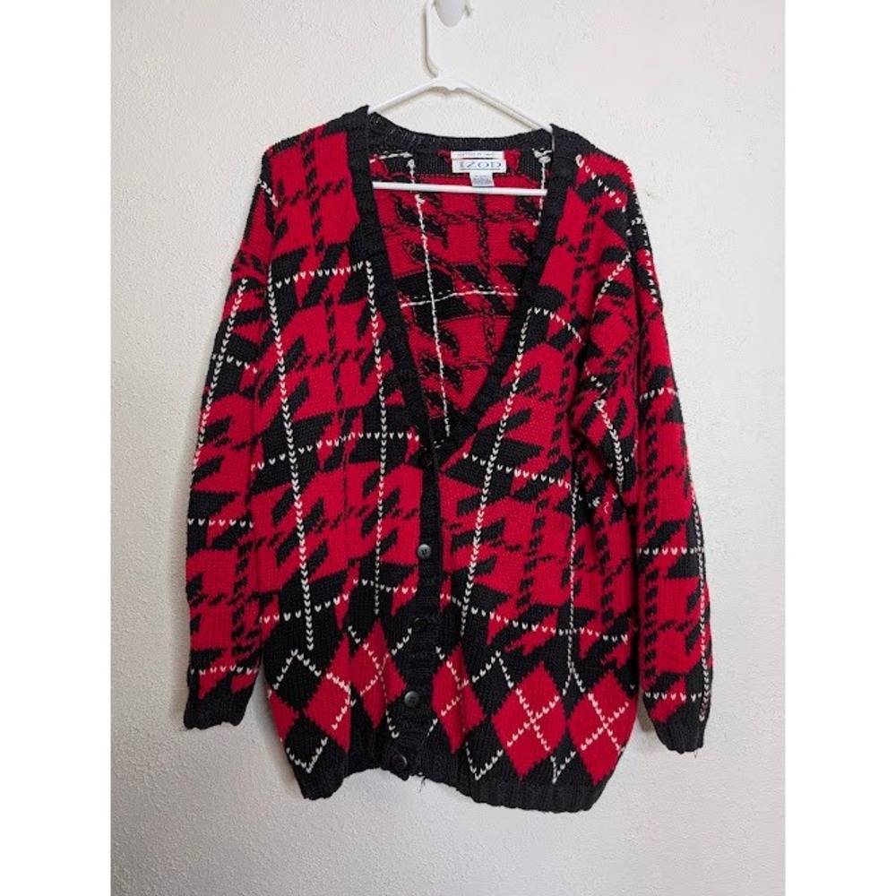 IZOD Mens Vintage‎ Red Plaid Grandpa Knit Cardigan Sweater Size Large Hand Knit